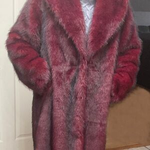 Gorgeous Crimson Burgundy Red Black contrast Faux Fox Full Length Coat